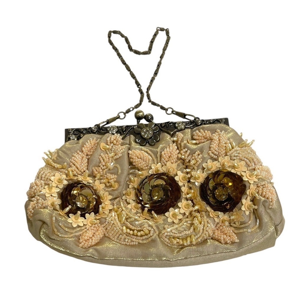 Vintage Sequin Beaded Chain Strap Bag gold Shimmer/peach/cream/